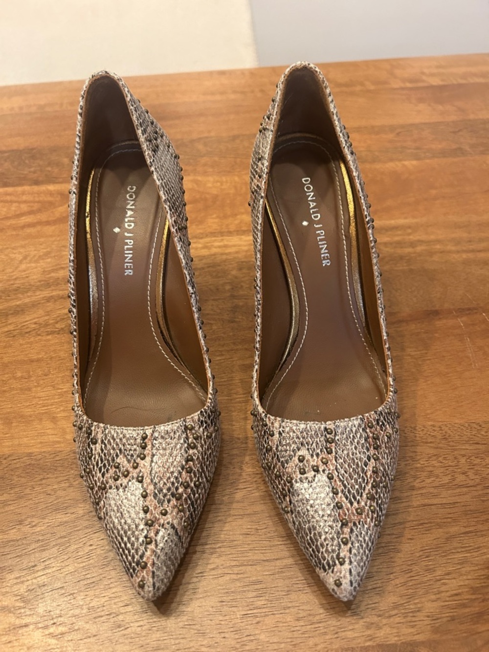 Donald J. Pliner Snake-Print Pointed Toe Pumps in Taupe and Brown